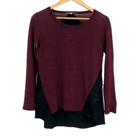 Sandro Paris Burgundy Black crochet lace detailing long sleeve t-shirt SP - Picture 2 of 15